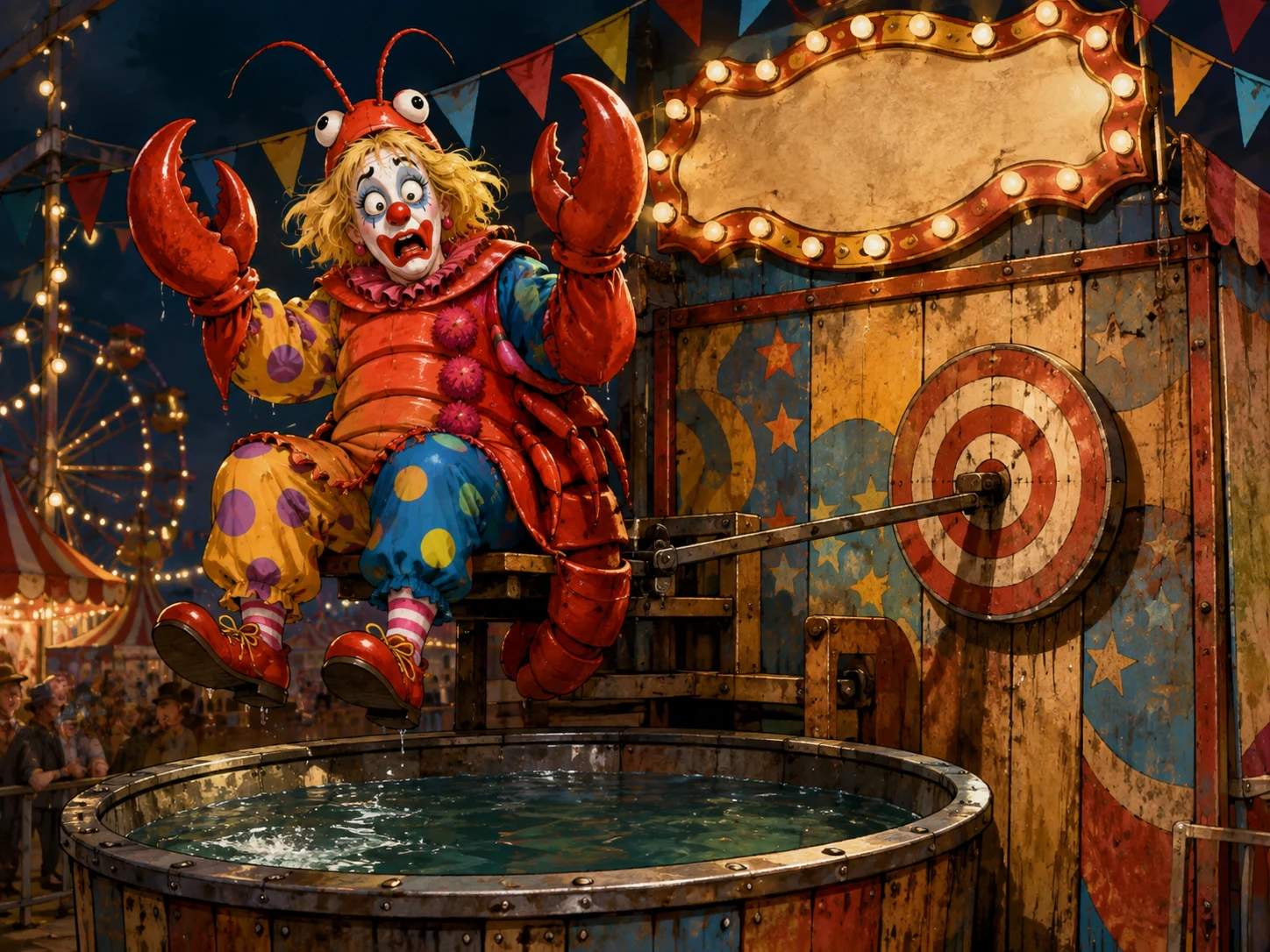Original editorial artwork: a generic blonde clown in a lobster costume, with the clown suit still visible, seated above a carnival dunk tank.