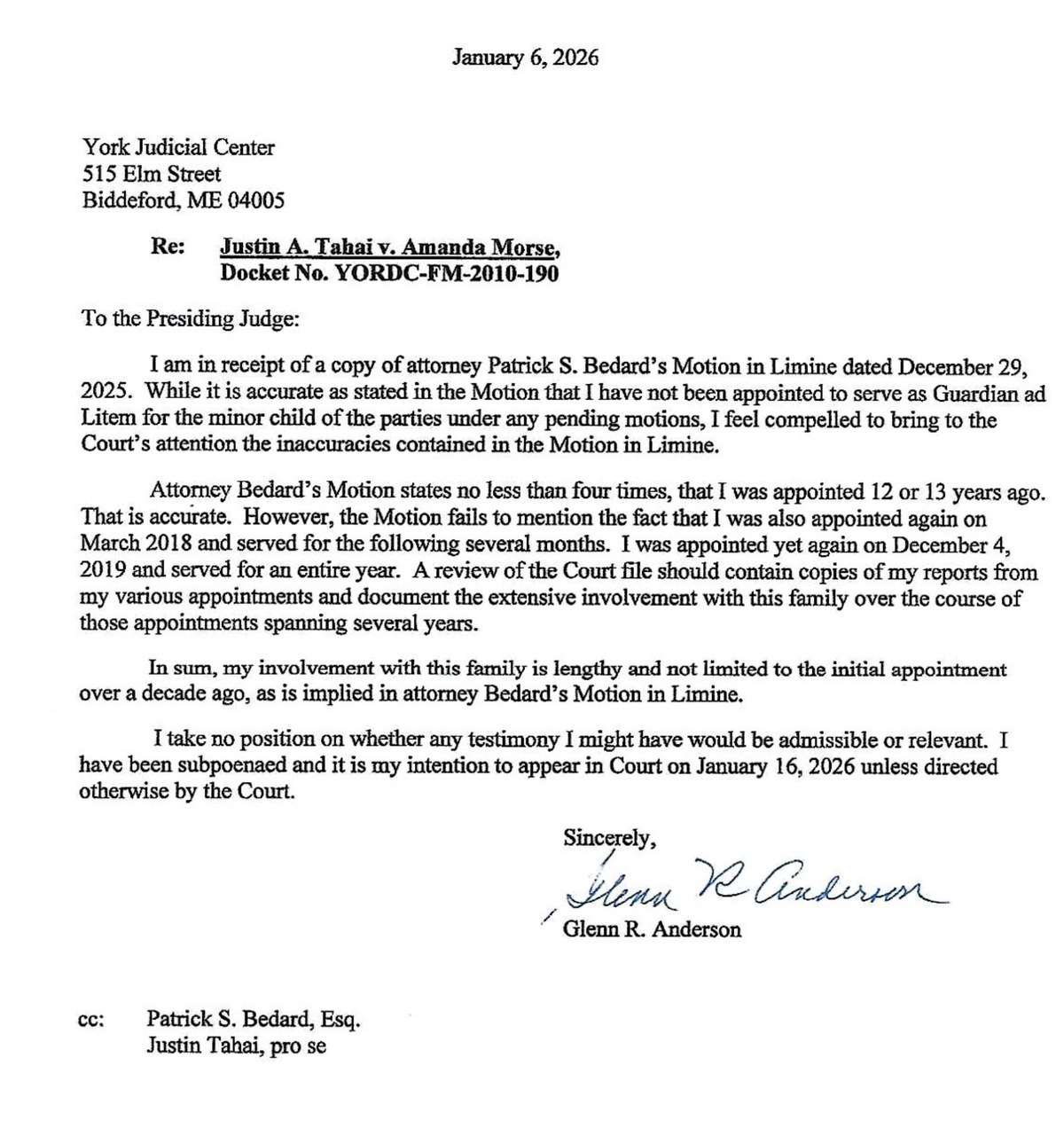 Cropped preview of Glenn R. Anderson's January 6, 2026 letter to the presiding judge concerning inaccuracies in Patrick S. Bedard's Motion in Limine